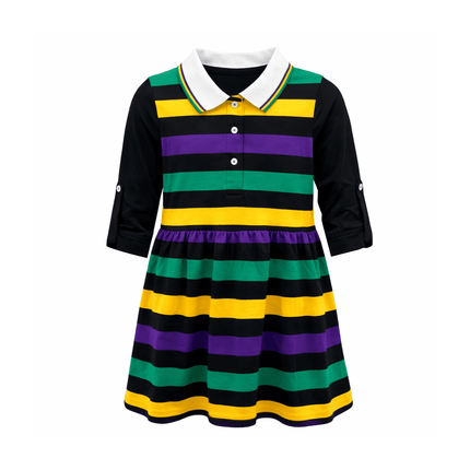 Kids Mardi Gras Girls Black Dress with Yellow & Green Stripes - Mardi Gras Apparel - Children, Collared, Dress - Dress