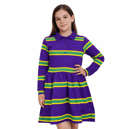Kids Mardi Gras Girls Purple Dress with Yellow & Green Stripes - Mardi Gras Apparel - apparel discount tier, Children, Collared - Dress