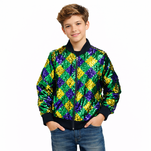 Kids Mardi Gras Sequin Bomber Jacket - Mardi Gras Apparel - apparel discount tier, Kids, Mardi Gras - Sequin Jacket