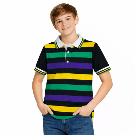 Kids Mardi Gras Striped Panel Short Sleeve Polo T-shirt – Fine Stripe - Mardi Gras Apparel - apparel discount tier, Button Up, Children's Unisex - Rugby Polo