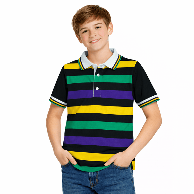 Kids Mardi Gras Striped Panel Short Sleeve Polo T-shirt – Fine Stripe - Mardi Gras Apparel - apparel discount tier, Button Up, Children's Unisex - Rugby Polo