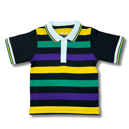 Kids Mardi Gras Striped Panel Short Sleeve Polo T-shirt – Fine Stripe - Mardi Gras Apparel - Button Up, Children's Unisex, Collared - Rugby Polo