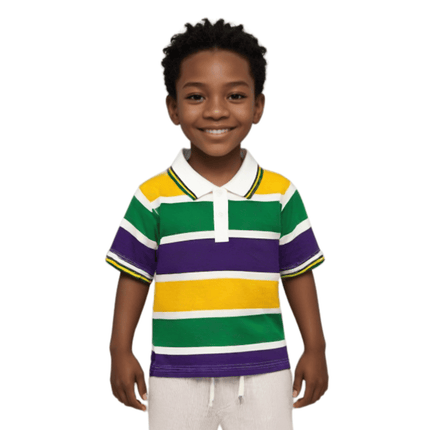 Kids Mardi Gras Striped Panel Short Sleeve Polo T-shirt - Mardi Gras Apparel - Button Up, Children's Unisex, Collared - Rugby Polo