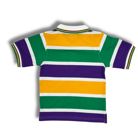 Kids Mardi Gras Striped Panel Short Sleeve Polo T-shirt - Mardi Gras Apparel - Button Up, Children's Unisex, Collared - Rugby Polo