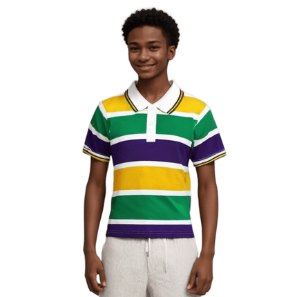 Kids Mardi Gras Striped Panel Short Sleeve Polo T-shirt - Mardi Gras Apparel - Button Up, Children's Unisex, Collared - Rugby Polo