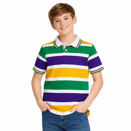 Kids Mardi Gras Striped Panel Short Sleeve Polo T-shirt - Mardi Gras Apparel - apparel discount tier, Button Up, Children's Unisex - Rugby Polo