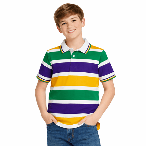 Kids Mardi Gras Striped Panel Short Sleeve Polo T-shirt - Mardi Gras Apparel - apparel discount tier, Button Up, Children's Unisex - Rugby Polo