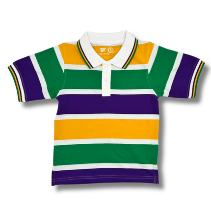 Kids Mardi Gras Striped Panel Short Sleeve Polo T-shirt - Mardi Gras Apparel - Button Up, Children's Unisex, Collared - Rugby Polo