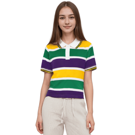 Kids Mardi Gras Striped Panel Short Sleeve Polo T-shirt - Mardi Gras Apparel - Button Up, Children's Unisex, Collared - Rugby Polo