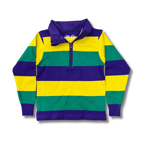 Kids' Mardi Gras Striped Quarter Zip Pullover - Mardi Gras Apparel - Children, Children's Unisex, Collared - Tee - Shirt