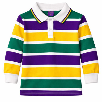 Kids Mardi Gras Striped Rugby Polo Long Sleeve with White Collar - Mardi Gras Apparel - 100% Cotton, Button Up, Children - Rugby Polo