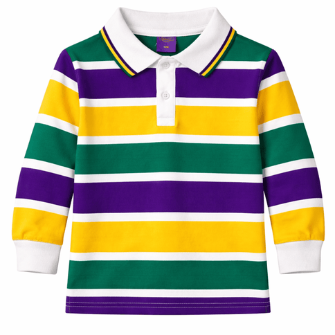 Kids Mardi Gras Striped Rugby Polo Long Sleeve with White Collar - Mardi Gras Apparel - 100% Cotton, Button Up, Children - Rugby Polo