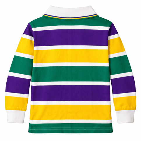 Kids Mardi Gras Striped Rugby Polo Long Sleeve with White Collar - Mardi Gras Apparel - 100% Cotton, Button Up, Children - Rugby Polo