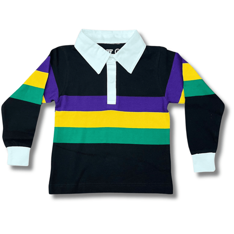 Kids Mardi Gras Unisex 3 Panel Long Sleeve Rugby Polo Black - Mardi Gras Apparel - Button Up, Children's Unisex, Collared - Rugby Polo