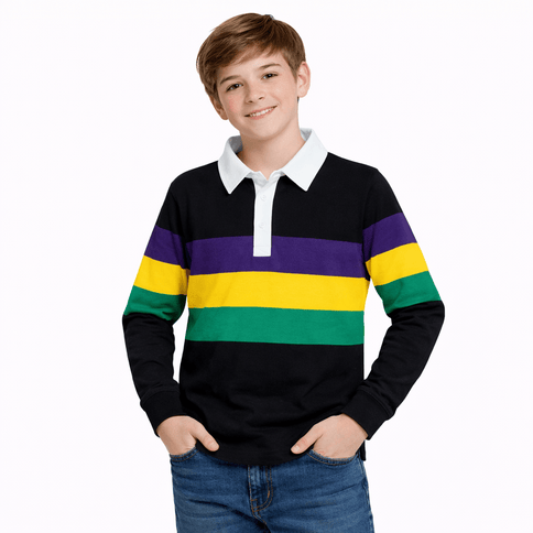 Kids Mardi Gras Unisex 3 Panel Long Sleeve Rugby Polo Black - Mardi Gras Apparel - apparel discount tier, Button Up, Children's Unisex - Rugby Polo