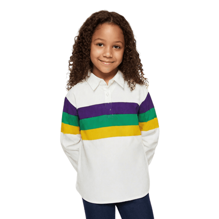 Kids Unisex 3 Panel Long Sleeve Mardi Gras Rugby Polo White - Mardi Gras Apparel - 100% Cotton, Button Up, Children - Rugby Polo