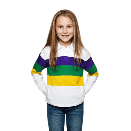 Kids Unisex 3 Panel Long Sleeve Mardi Gras Rugby Polo White - Mardi Gras Apparel - 100% Cotton, Button Up, Children - Rugby Polo