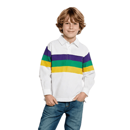 Kids Unisex 3 Panel Long Sleeve Mardi Gras Rugby Polo White - Mardi Gras Apparel - 100% Cotton, Button Up, Children - Rugby Polo