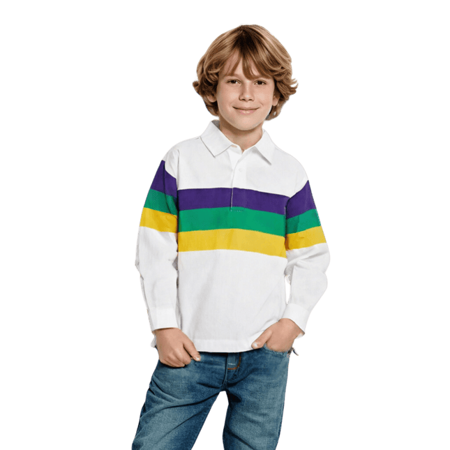 Kids Unisex 3 Panel Long Sleeve Mardi Gras Rugby Polo White - Mardi Gras Apparel - 100% Cotton, Button Up, Children - Rugby Polo