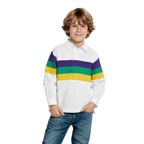 Kids Unisex 3 Panel Long Sleeve Mardi Gras Rugby Polo White - Mardi Gras Apparel - 100% Cotton, Button Up, Children - Rugby Polo
