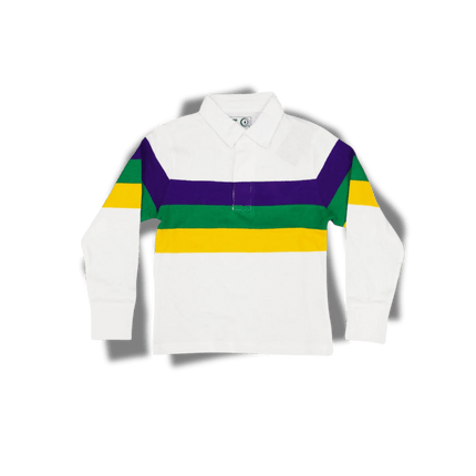 Kids Unisex 3 Panel Long Sleeve Mardi Gras Rugby Polo White - Mardi Gras Apparel - 100% Cotton, Button Up, Children - Rugby Polo