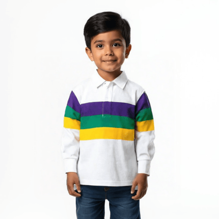 Kids Unisex 3 Panel Long Sleeve Mardi Gras Rugby Polo White - Mardi Gras Apparel - 100% Cotton, Button Up, Children - Long Sleeve Rugby Polo