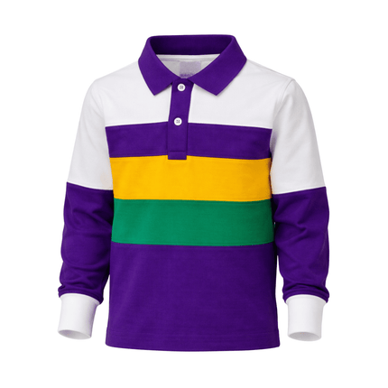 Kids Unisex Mardi Gras Long Sleeve Polo Shirt Purple Green Gold Stripe - Mardi Gras Apparel - 100% Cotton, Button Up, Children - Rugby Polo