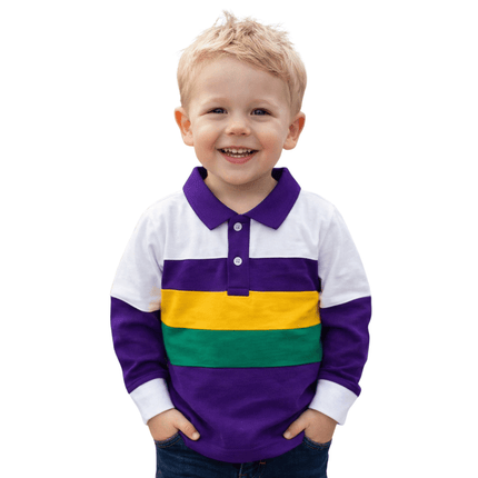 Kids Unisex Mardi Gras Long Sleeve Polo Shirt Purple Green Gold Stripe - Mardi Gras Apparel - 100% Cotton, Button Up, Children - Rugby Polo