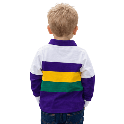 Kids Unisex Mardi Gras Long Sleeve Polo Shirt Purple Green Gold Stripe - Mardi Gras Apparel - 100% Cotton, Button Up, Children - Rugby Polo