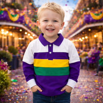 Kids Unisex Mardi Gras Long Sleeve Polo Shirt Purple Green Gold Stripe - Mardi Gras Apparel - 100% Cotton, Button Up, Children - Rugby Polo