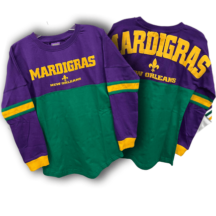 Kids Unisex Mardi Gras Long Sleeve Raglan Tee Purple & Green - Mardi Gras Apparel - 100% Cotton, Back Design, Children's Unisex - Raglan Long Sleeve Tee