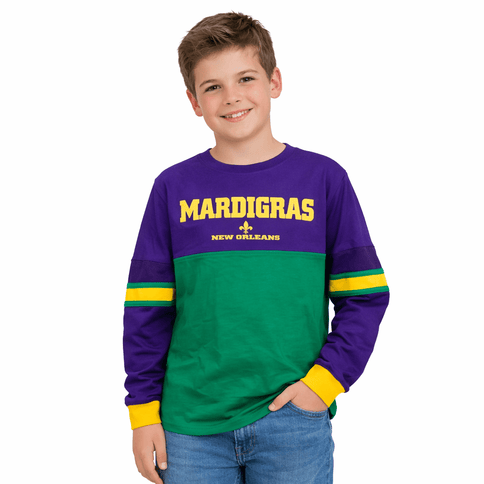Kids Unisex Mardi Gras Long Sleeve Raglan Tee Purple & Green - Mardi Gras Apparel - 100% Cotton, apparel discount tier, Back Design - Raglan Long Sleeve Tee