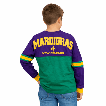 Kids Unisex Mardi Gras Long Sleeve Raglan Tee Purple & Green - Mardi Gras Apparel - 100% Cotton, apparel discount tier, Back Design - Raglan Long Sleeve Tee