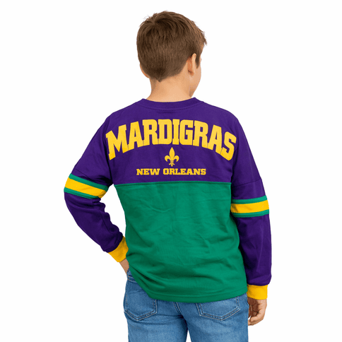 Kids Unisex Mardi Gras Long Sleeve Raglan Tee Purple & Green - Mardi Gras Apparel - 100% Cotton, apparel discount tier, Back Design - Raglan Long Sleeve Tee