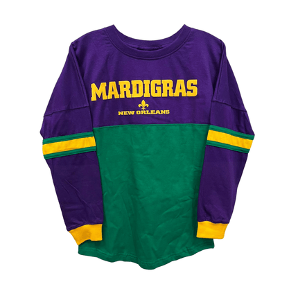 Kids Unisex Mardi Gras Long Sleeve Raglan Tee Purple & Green - Mardi Gras Apparel - 100% Cotton, Back Design, Children's Unisex - Raglan Long Sleeve Tee