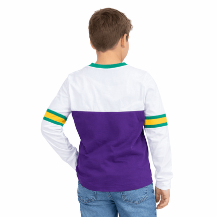 Kids Unisex Mardi Gras Long Sleeve Raglan Tee White & Purple - Mardi Gras Apparel - 100% Cotton, apparel discount tier, Back Design - Raglan Long Sleeve Tee