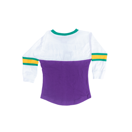 Kids Unisex Mardi Gras Long Sleeve Raglan Tee White & Purple - Mardi Gras Apparel - 100% Cotton, Back Design, Children's Unisex - Raglan Long Sleeve Tee