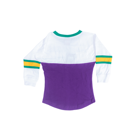 Kids Unisex Mardi Gras Long Sleeve Raglan Tee White & Purple - Mardi Gras Apparel - 100% Cotton, Back Design, Children's Unisex - Raglan Long Sleeve Tee