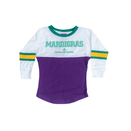 Kids Unisex Mardi Gras Long Sleeve Raglan Tee White & Purple - Mardi Gras Apparel - 100% Cotton, Back Design, Children's Unisex - Raglan Long Sleeve Tee