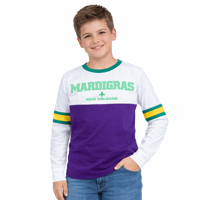 Kids Unisex Mardi Gras Long Sleeve Raglan Tee White & Purple