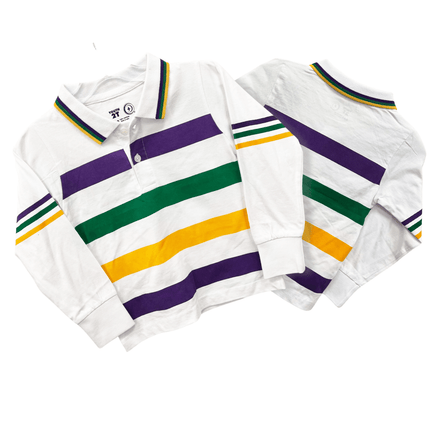 Kids Unisex Mardi Gras Long Sleeve Striped Rugby Polo - Mardi Gras Apparel - 100% Cotton, Button Up, Children - Rugby Polo