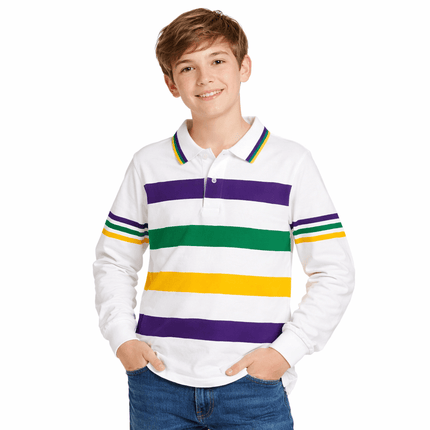 Kids Unisex Mardi Gras Long Sleeve Striped Rugby Polo - Mardi Gras Apparel - 100% Cotton, apparel discount tier, Button Up - Rugby Polo
