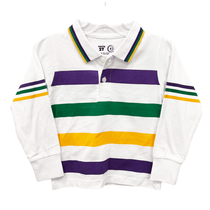 Kids Unisex Mardi Gras Long Sleeve Striped Rugby Polo - Mardi Gras Apparel - 100% Cotton, Button Up, Children - Rugby Polo