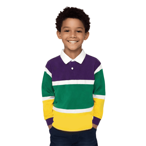 Kids Unisex Mardi Gras Polo Long Sleeve 3 Color Panel & White Trim - Mardi Gras Apparel - Adult Unisex, Children, Children's Unisex - Long Sleeve Rugby Polo