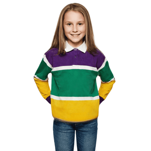 Kids Unisex Mardi Gras Polo Long Sleeve 3 Color Panel & White Trim - Mardi Gras Apparel - Adult Unisex, Children, Children's Unisex - Long Sleeve Rugby Polo