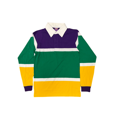 Kids Unisex Mardi Gras Polo Long Sleeve 3 Color Panel & White Trim - Mardi Gras Apparel - Adult Unisex, Children, Children's Unisex - Long Sleeve Rugby Polo