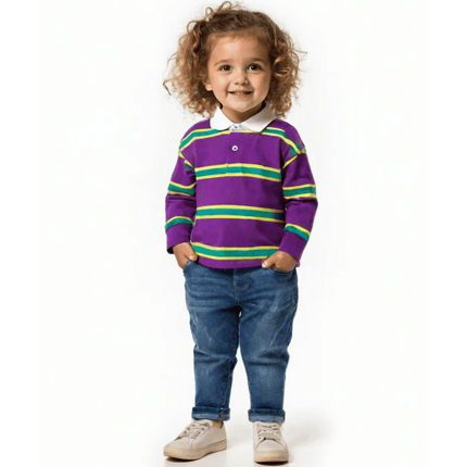 Kids Unisex Mardi Gras Purple Body with stripes 3 Panel Long Sleeve Rugby Polo - Mardi Gras Apparel - Children's Unisex, Green, Long Sleeve - Long Sleeve Rugy Polo