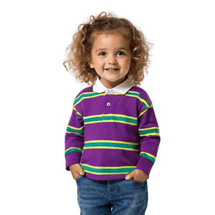 Kids Unisex Mardi Gras Purple Body with stripes 3 Panel Long Sleeve Rugby Polo - Mardi Gras Apparel - Children's Unisex, Green, Long Sleeve - Long Sleeve Rugy Polo