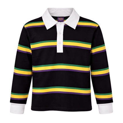 Kids Unisex Mardi Gras Striped Black Rugby Long Sleeve Polo - Mardi Gras Apparel - 100% Cotton, Button Up, Children - Rugby Polo