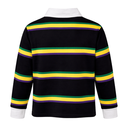 Kids Unisex Mardi Gras Striped Black Rugby Long Sleeve Polo - Mardi Gras Apparel - 100% Cotton, Button Up, Children - Rugby Polo